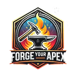 Logo featuring a forge with flames, an anvil, a hammer, and the text 'Forge Your Apex'